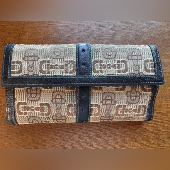 Gucci Vintage Horse-bit Brown Canvas w/ Blue Leather Long Wallet W/ COA & Dustie - Picture 4 of 16